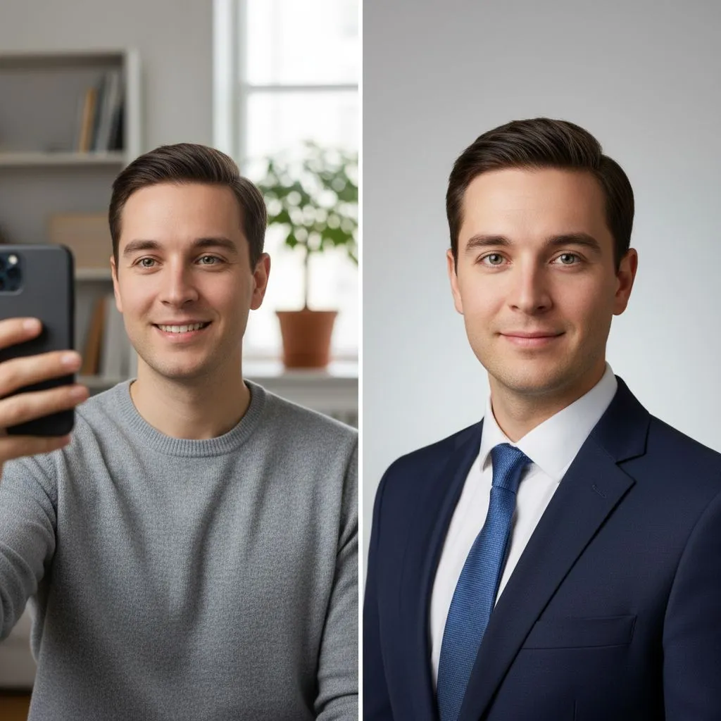 Before-and-after transformation of a job seeker’s AI-generated professional headshot