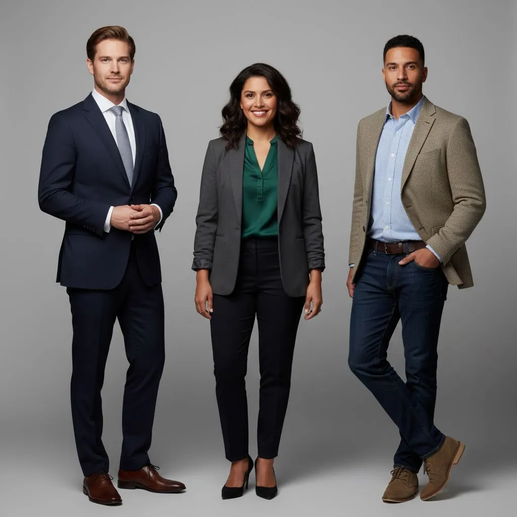 Professionals wearing well-fitted business outfits for corporate headshots on neutral backgrounds