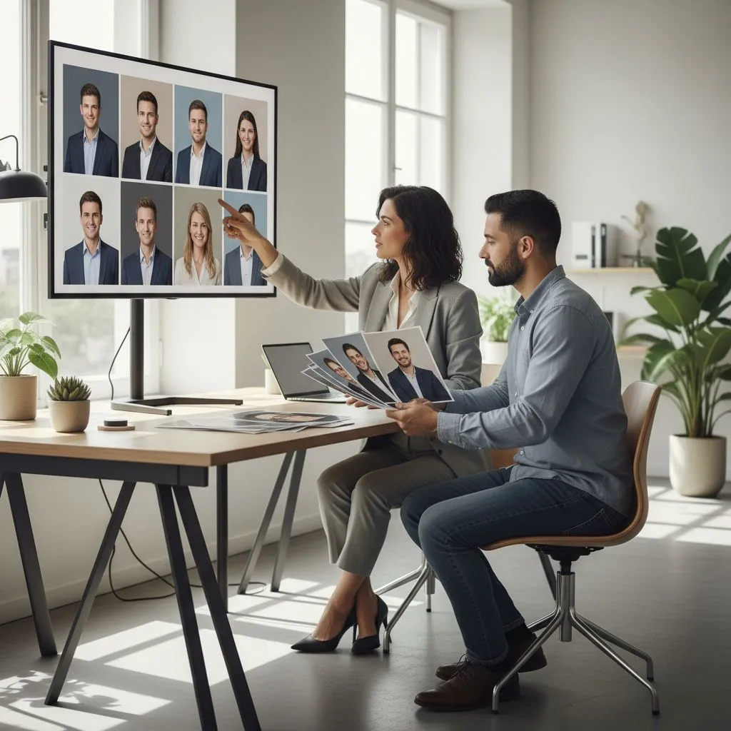 Marketing team reviewing brand-consistent AI headshots for press and campaigns