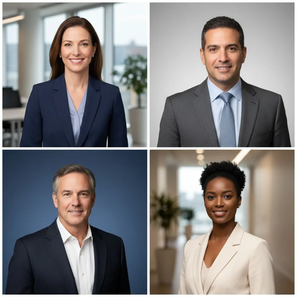 Examples of business headshots on neutral office, studio gray, and brand color backgrounds