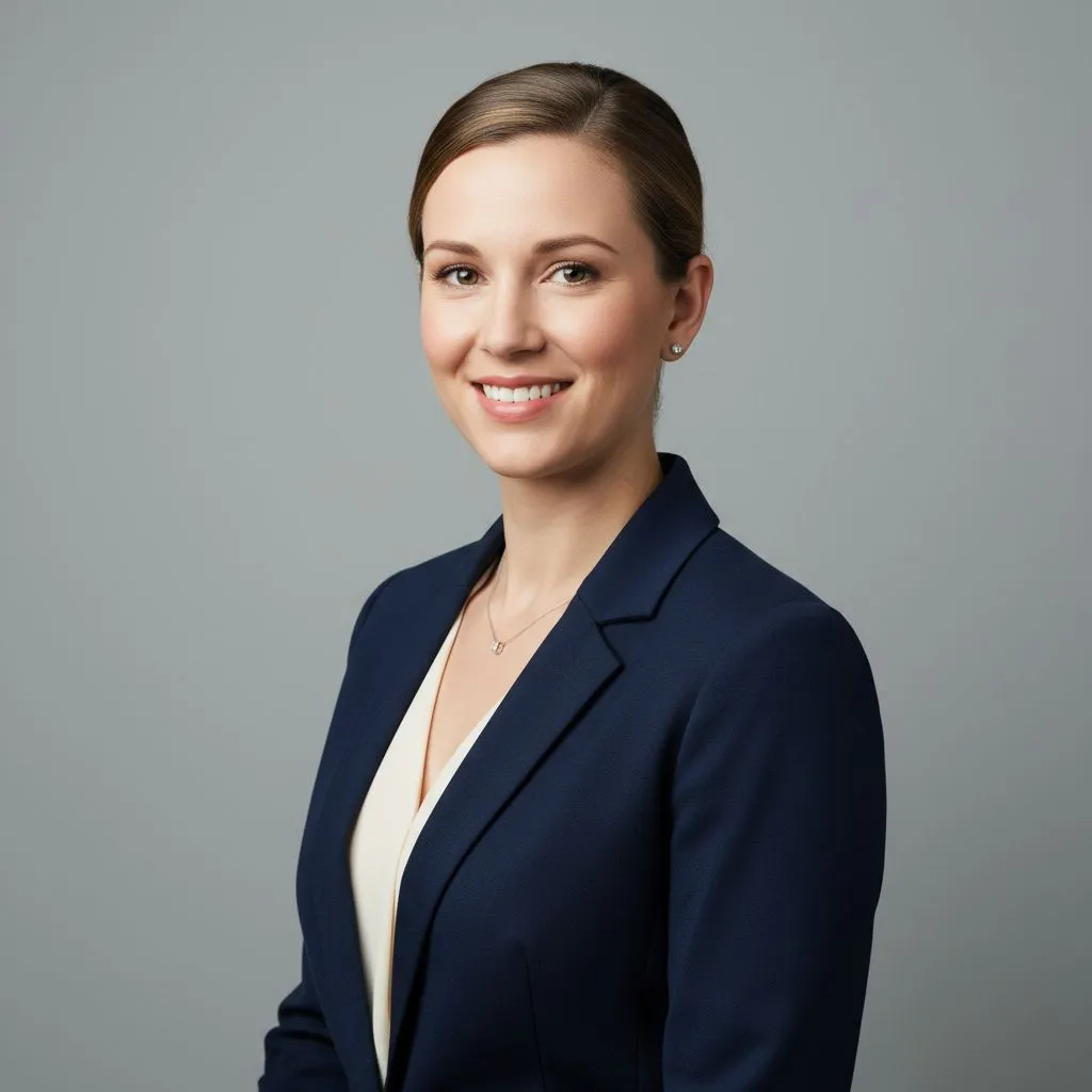 Professional business headshot of a woman with confident smile and neutral background