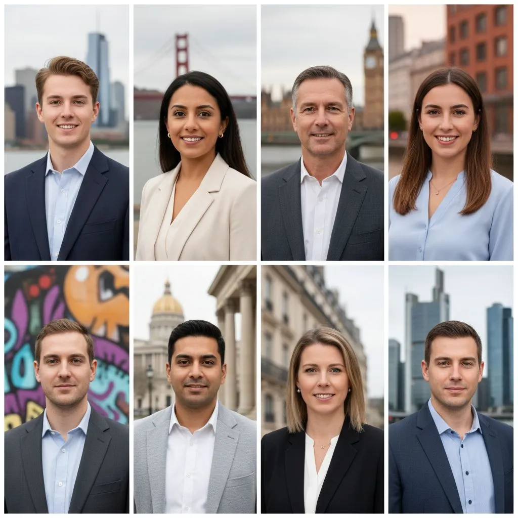 A collage of professional business headshots with city-specific backdrops like New York, San Francisco, London, and Austin