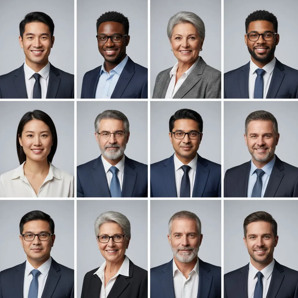 Consistent AI-generated business headshots across a diverse team on matching backgrounds