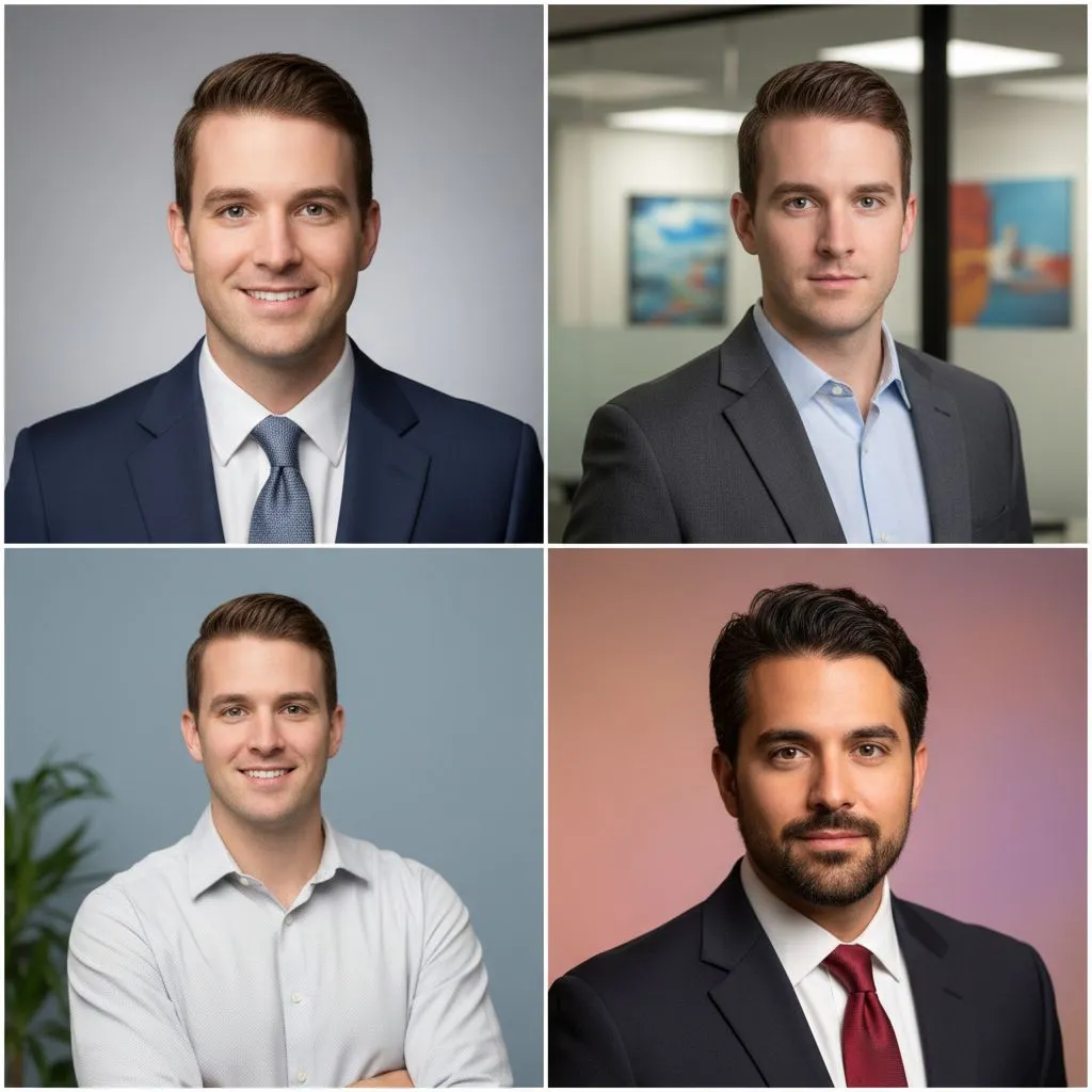 Variations of AI-generated headshots with different attire and backgrounds for consultants