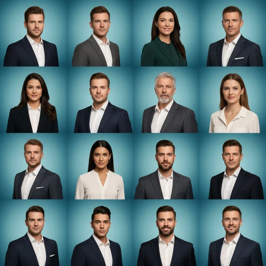 Diverse corporate team headshots with unified backgrounds and attire