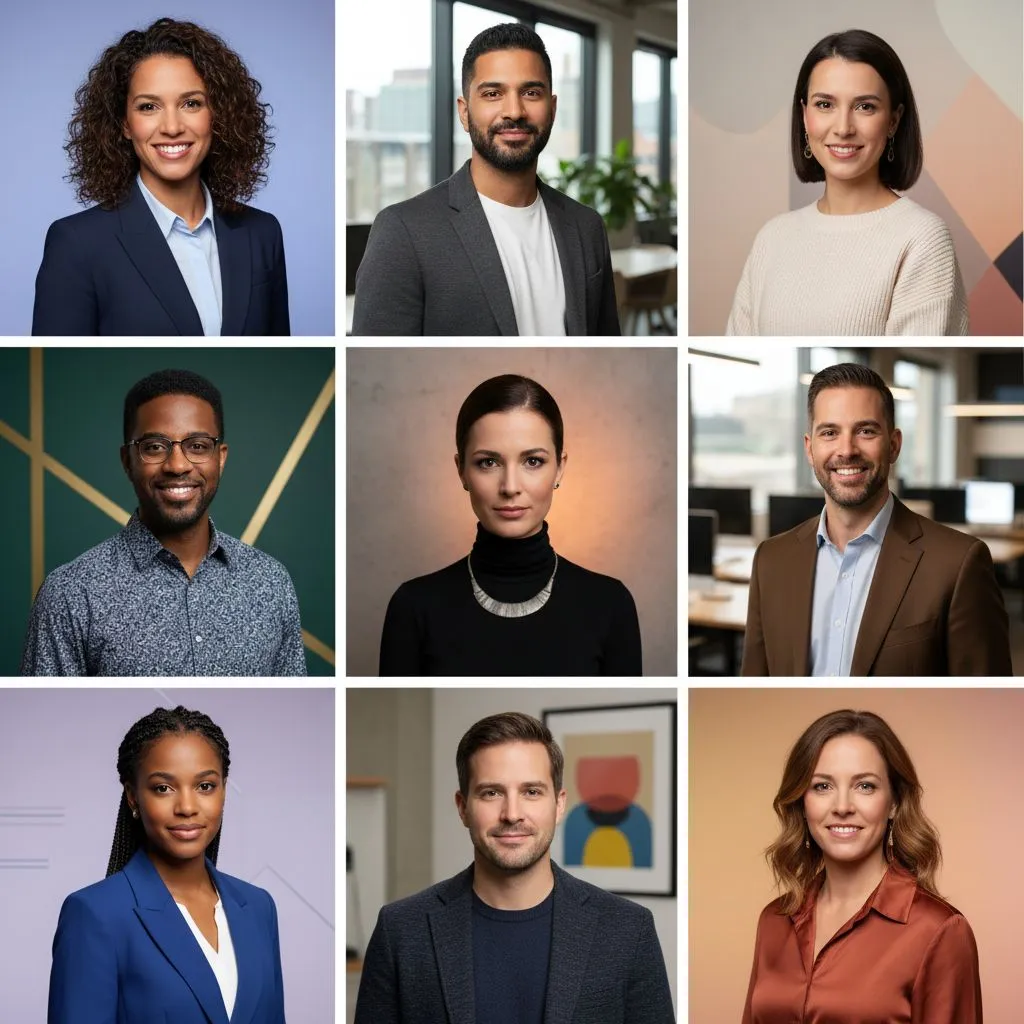 Professional AI-generated headshots for entrepreneurs in varied attire and backgrounds