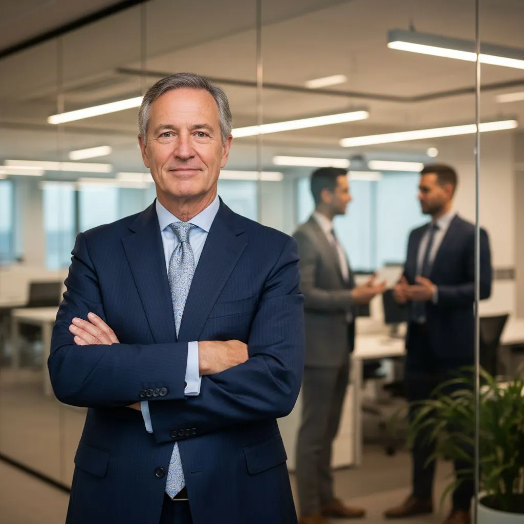 Confident AI-generated executive headshot in a modern corporate setting