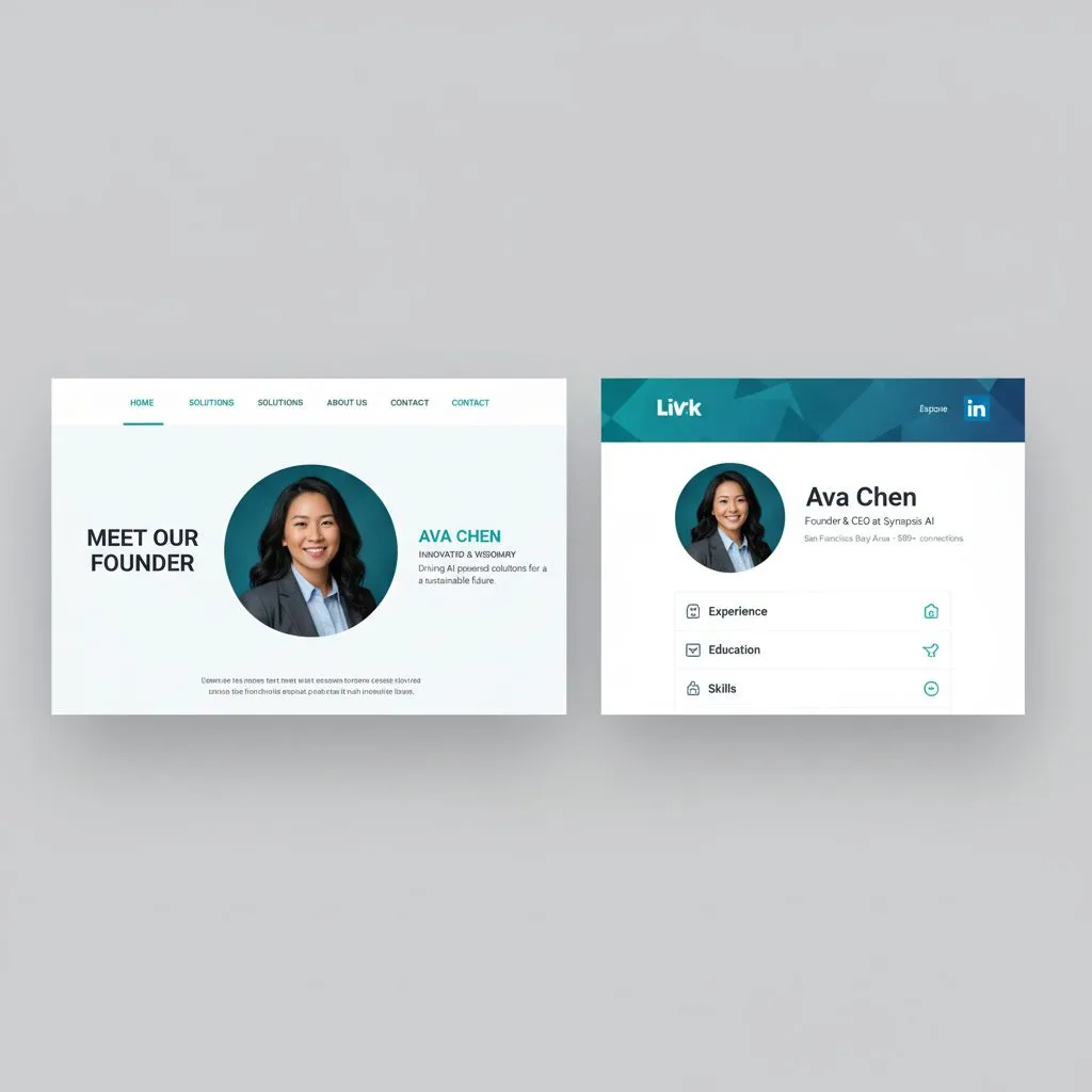 Founder’s AI-generated headshot displayed on website and LinkedIn profile