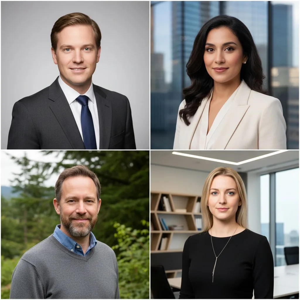 Examples of business headshots with different professional backdrops