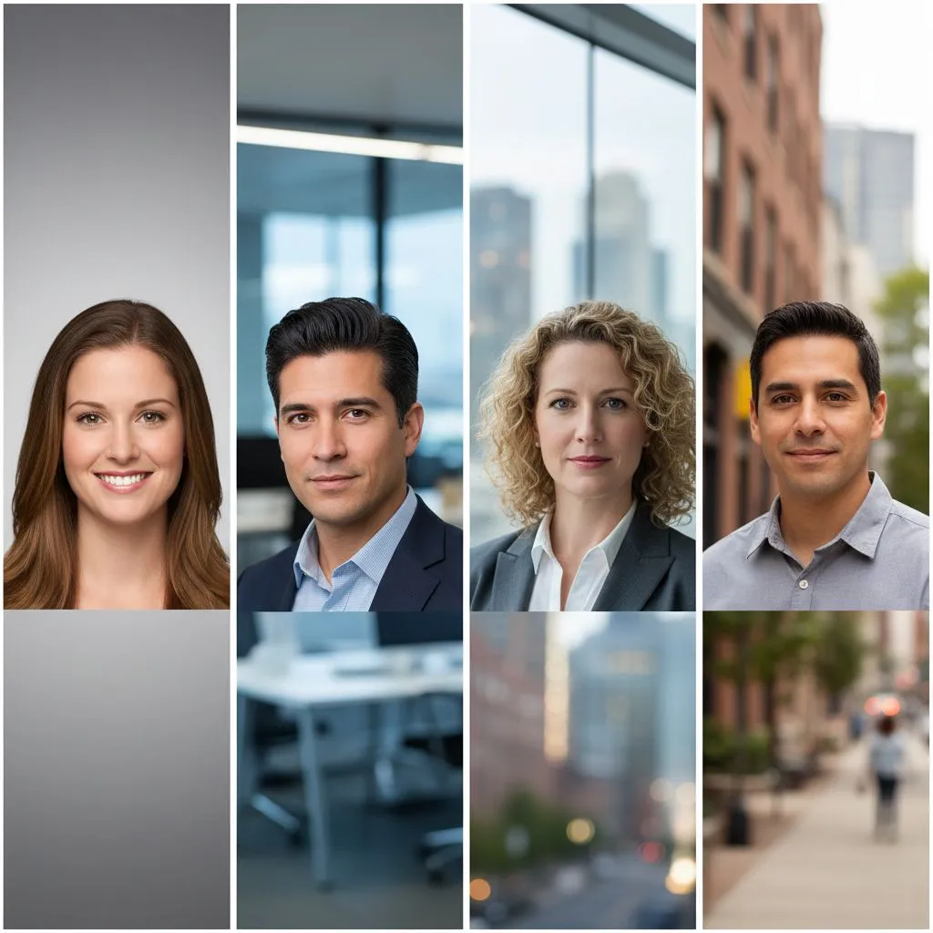Different professional headshot background styles: neutral gradient, blurred office, corporate skyline, outdoor urban