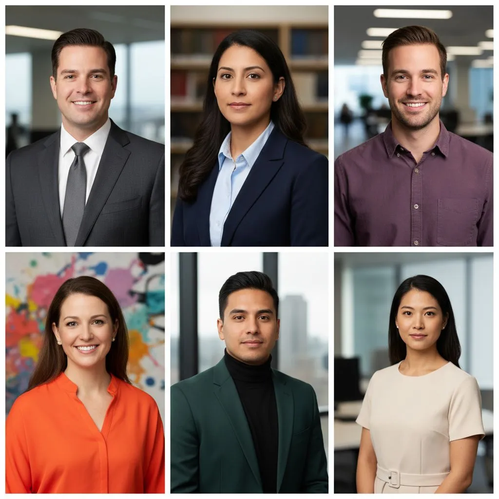 Examples of professional headshot styles for tech, finance, legal, and creative industries