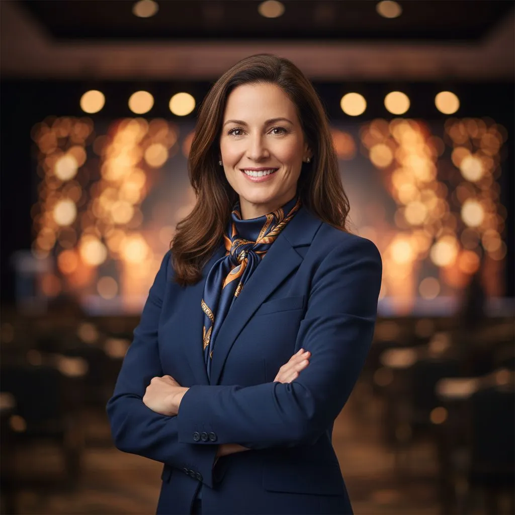 Confident keynote speaker with soft stage lights in the background