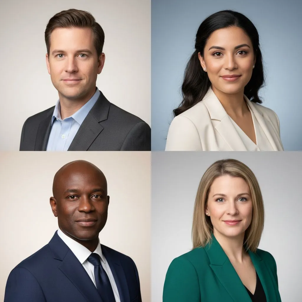 Examples of ideal LinkedIn headshots with clean backgrounds and professional attire