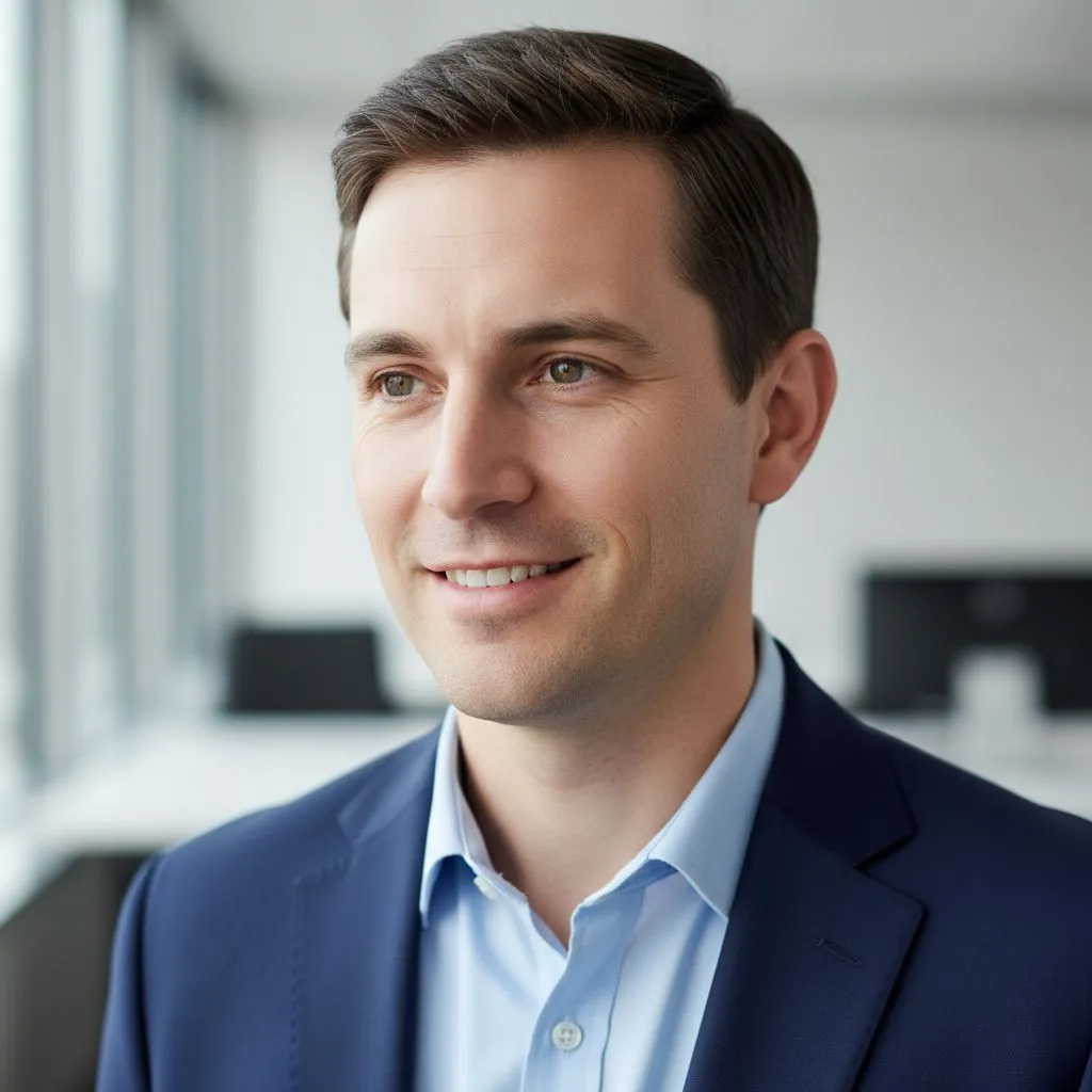 Natural business headshot smile with relaxed eyes and slight head turn