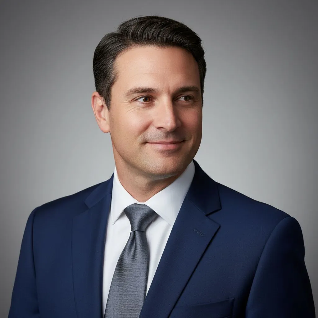 Confident attorney headshot in a modern law office with neutral background