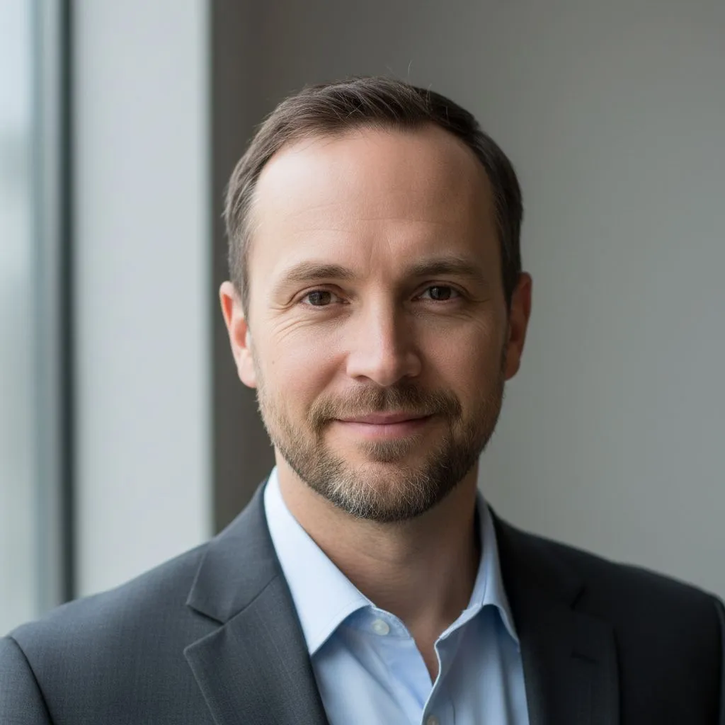Professional business headshot with soft window light on a neutral background