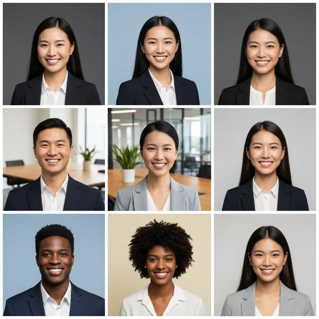 Examples of professional headshots with different backgrounds and outfits