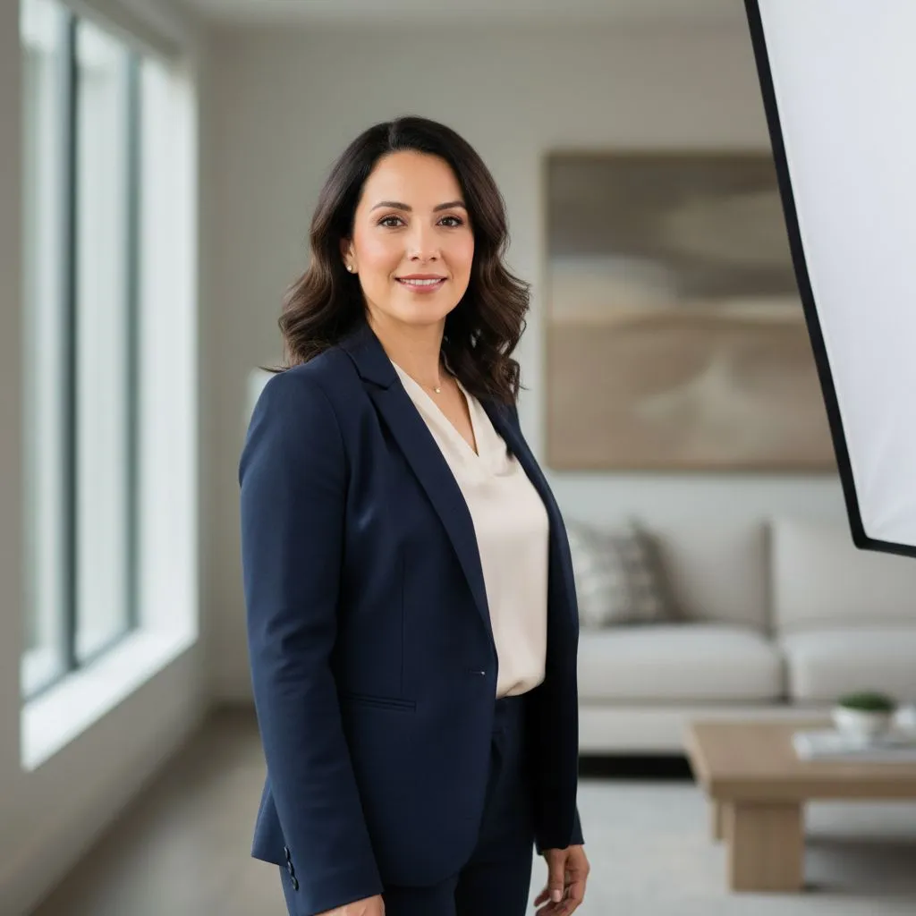 Confident professional pose for a business headshot with soft window light
