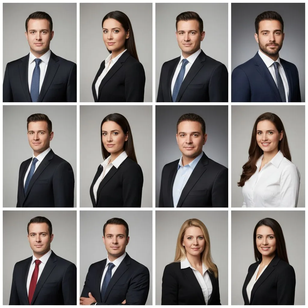 Examples of flattering headshot poses for men and women in business attire