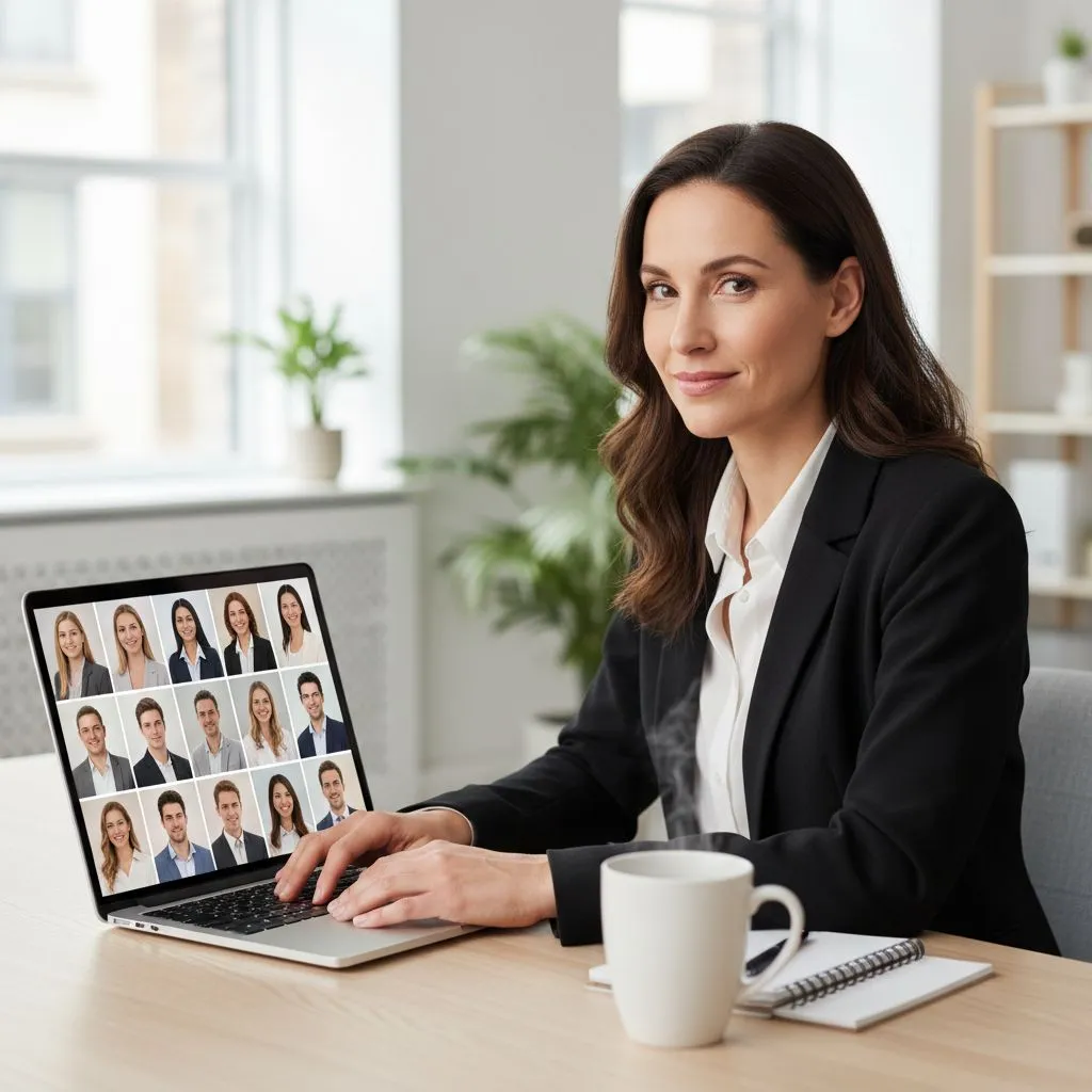 Recruiter reviewing consistent professional headshots on a laptop