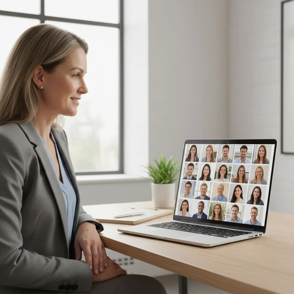 School administrator reviewing a set of professional teacher headshots on a laptop in a school office