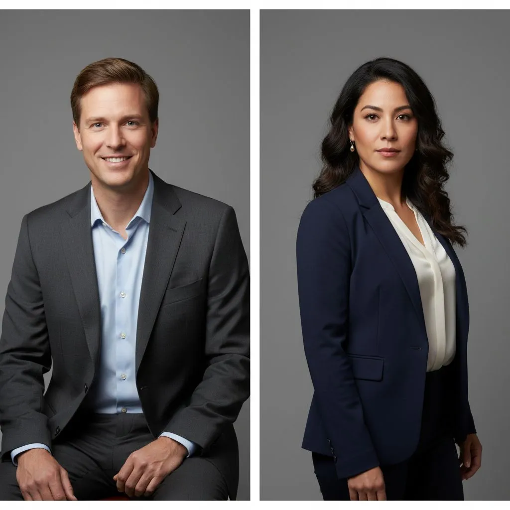 Comparison of seated and standing headshot poses for business profiles