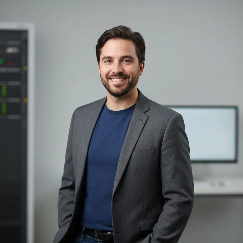 Professional AI-generated headshot of a software engineer in smart-casual attire on a neutral background