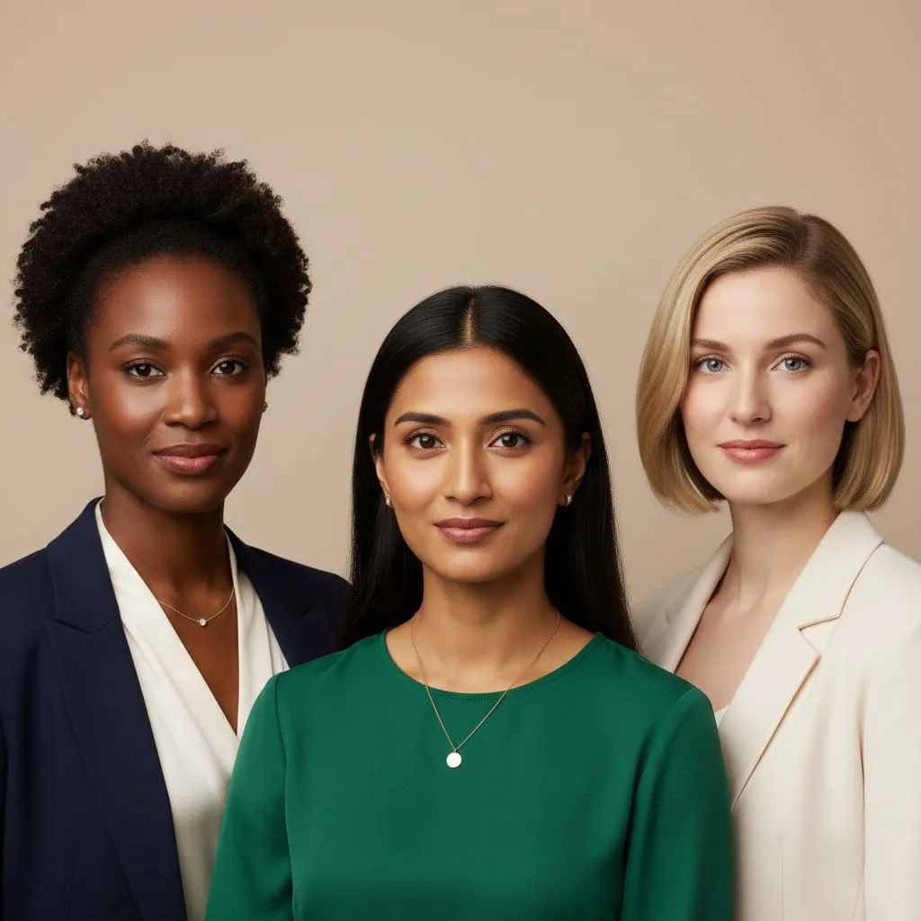 Examples of attire for women's professional headshots: solid colors, blazers, simple jewelry